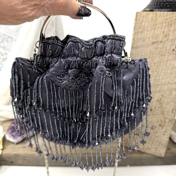 Beaded Satin Evening Bag With Chain & Handle By Bijoux Terner - Picture 9 of 9